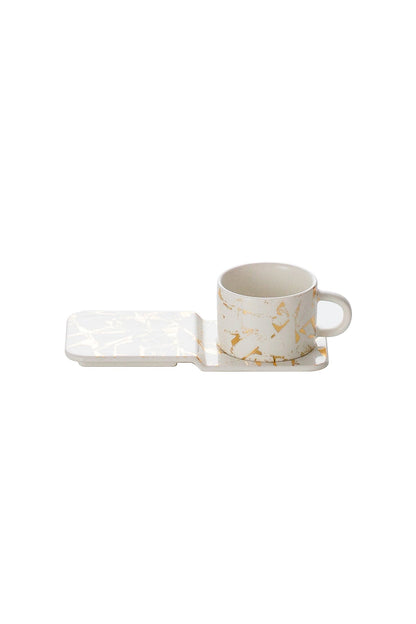 Set 6 căni de cafea, porțelan, 90 ml, cu farfurioare, Malooki, alb/auriu