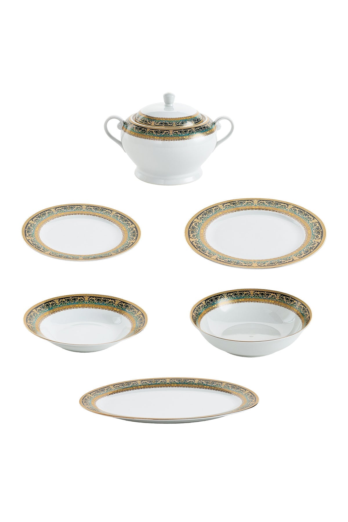 Serviciu de Masă 12 Persoane Emerald Royal Gold din Porțelan 40 piese, Design Baroc Verde cu Aur
