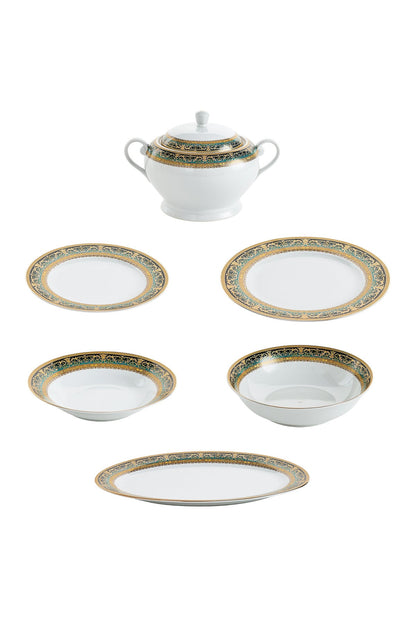 Serviciu de Masă 12 Persoane Emerald Royal Gold din Porțelan 40 piese, Design Baroc Verde cu Aur