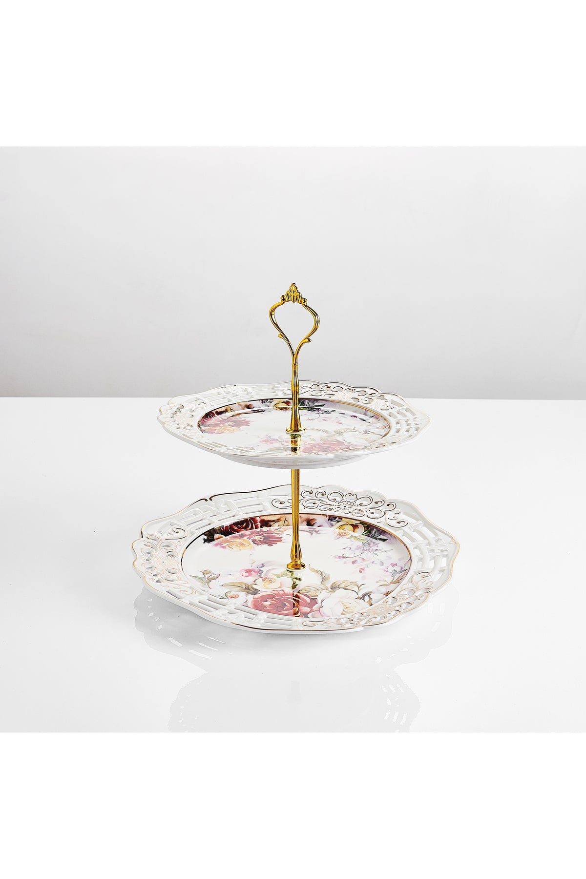 Platou etajat 2 niveluri porțelan, model floral vintage, platouri rotunde