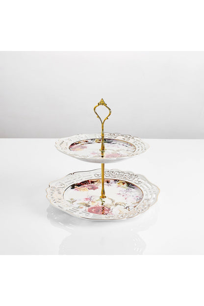 Platou etajat 2 niveluri porțelan, model floral vintage, platouri rotunde