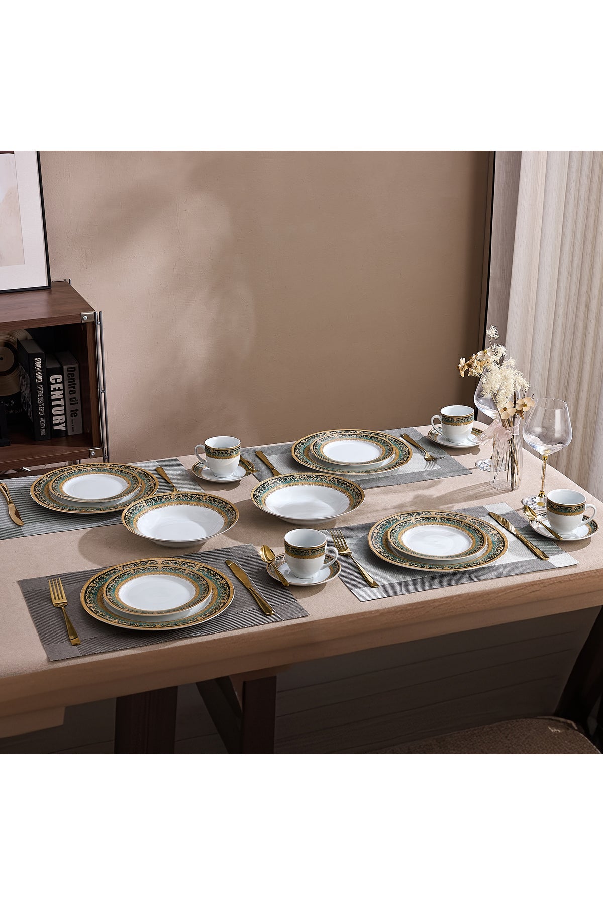 Serviciu de Masă 6 persoane Emerald Royal Gold din Porțelan, 30 piese, Design Baroc Verde cu Aur