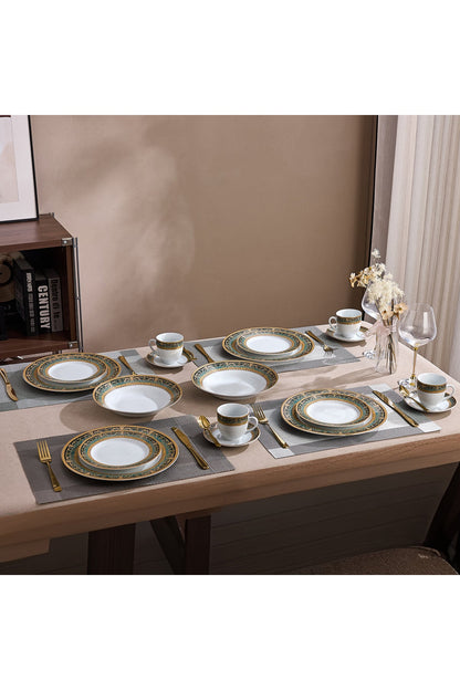 Serviciu de Masă 6 persoane Emerald Royal Gold din Porțelan, 30 piese, Design Baroc Verde cu Aur