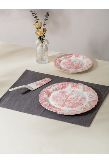 Set tort Toile – 6 farfurii desert și farfurie mare porțelan, design chinoiserie roz