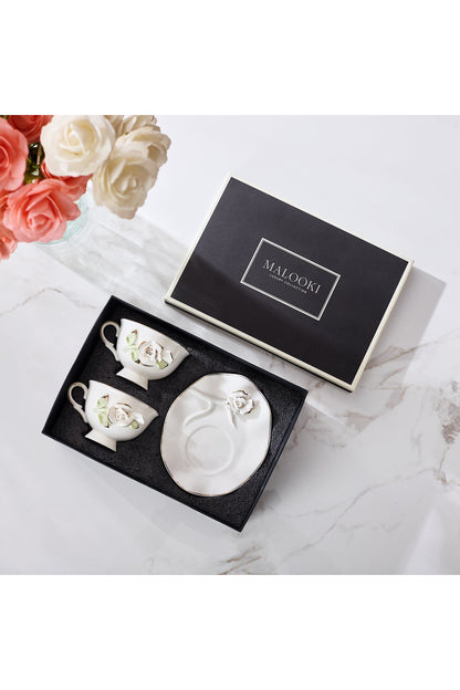 Set 2 cești de cafea din porțelan cu farfurioare, 180 ml - decor floral în relief