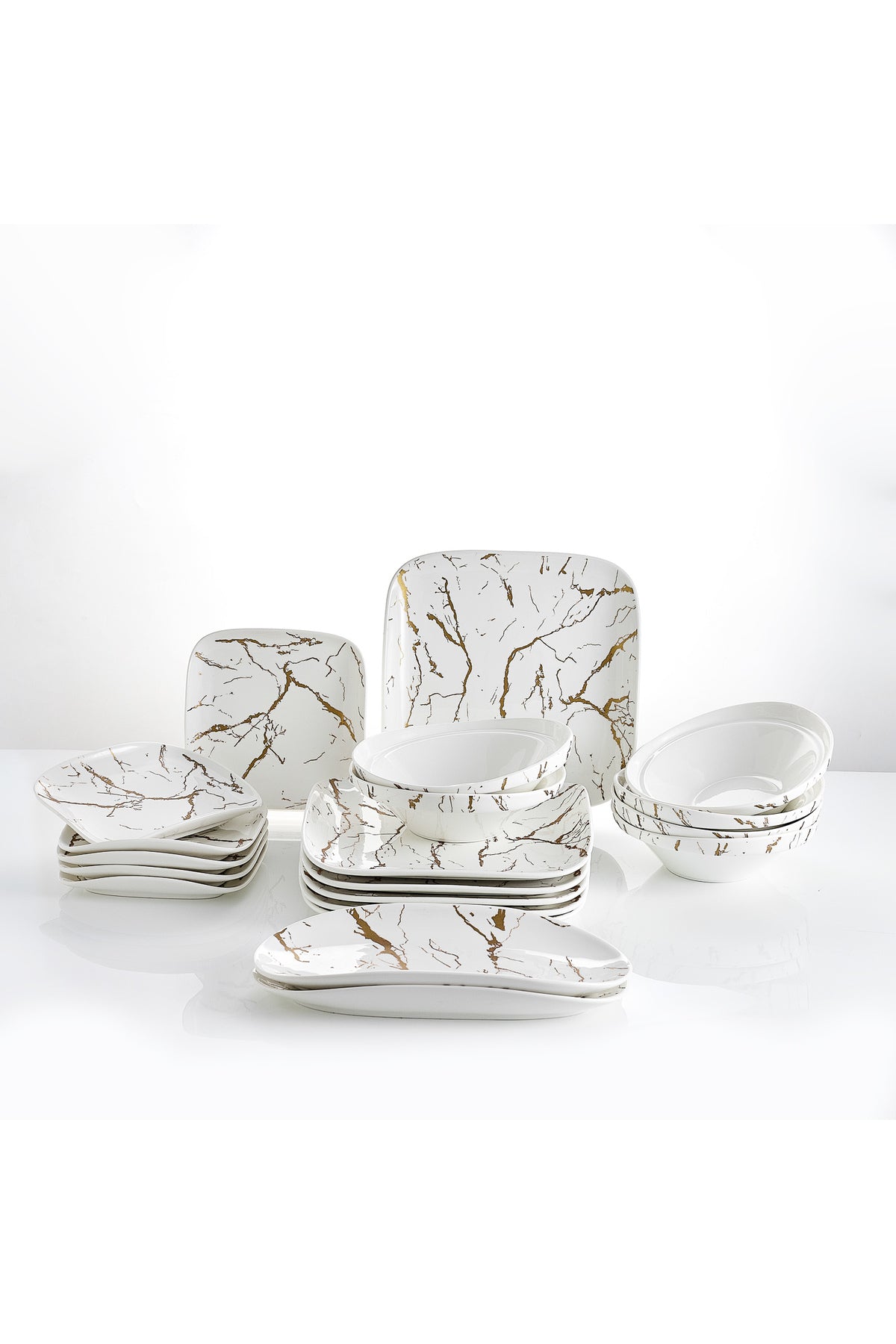 Set Serviciu Masă 20 Piese Pătrat, Portelan Premium, 6 Persoane - Marble Collection