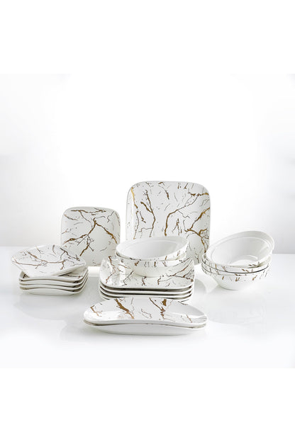 Set Serviciu Masă 20 Piese Pătrat, Portelan Premium, 6 Persoane - Marble Collection