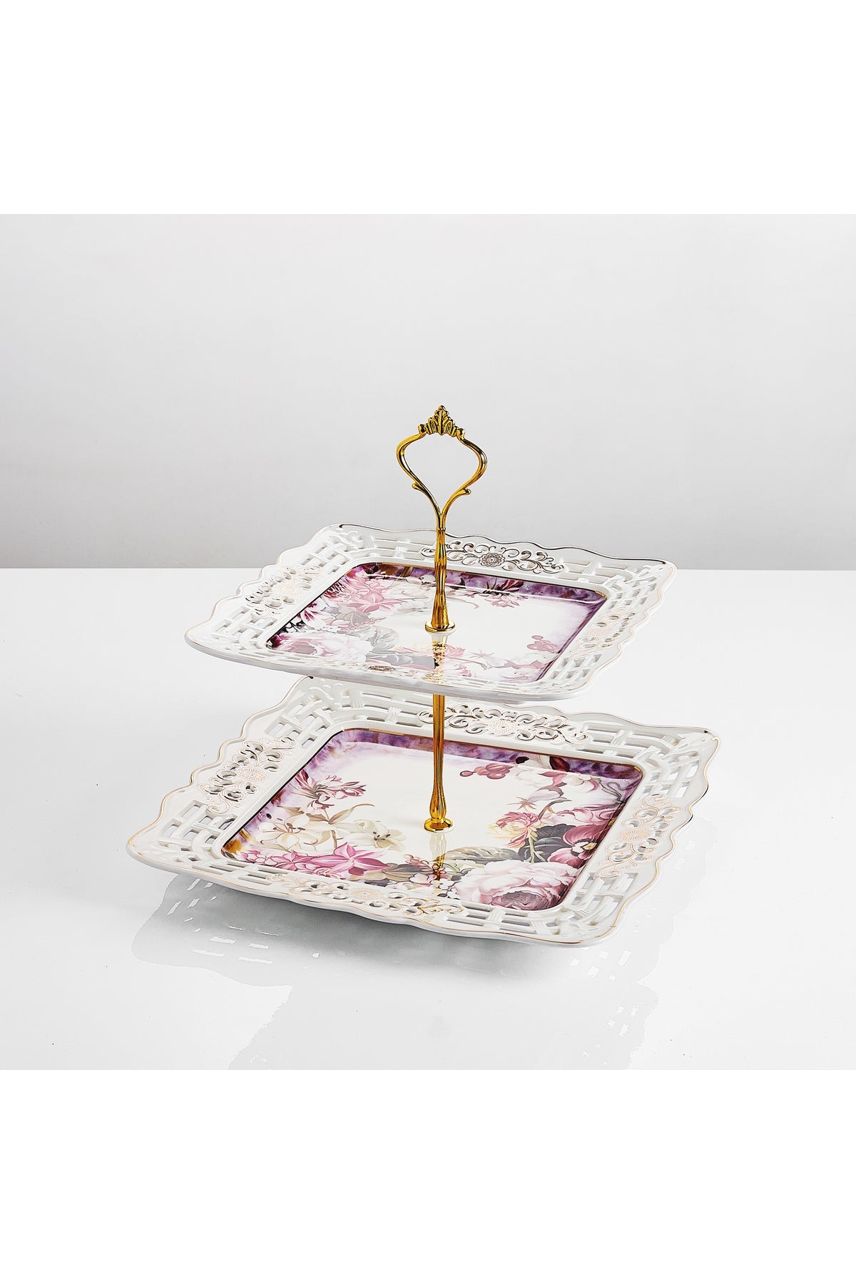 Platou etajat 2 niveluri porțelan, model floral vintage, tijă metalică aurie