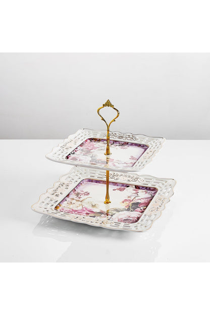 Platou etajat 2 niveluri porțelan, model floral vintage, tijă metalică aurie