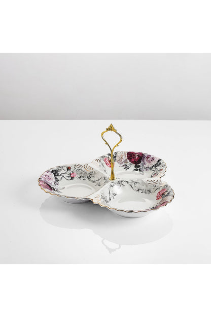 Platou compartimentat 3 secțiuni porțelan, model floral vintage, mâner auriu