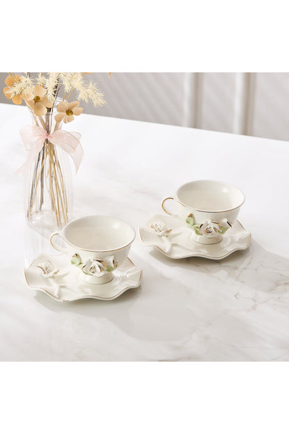 Set 2 cești de cafea din porțelan cu farfurioare, 180 ml - decor floral în relief