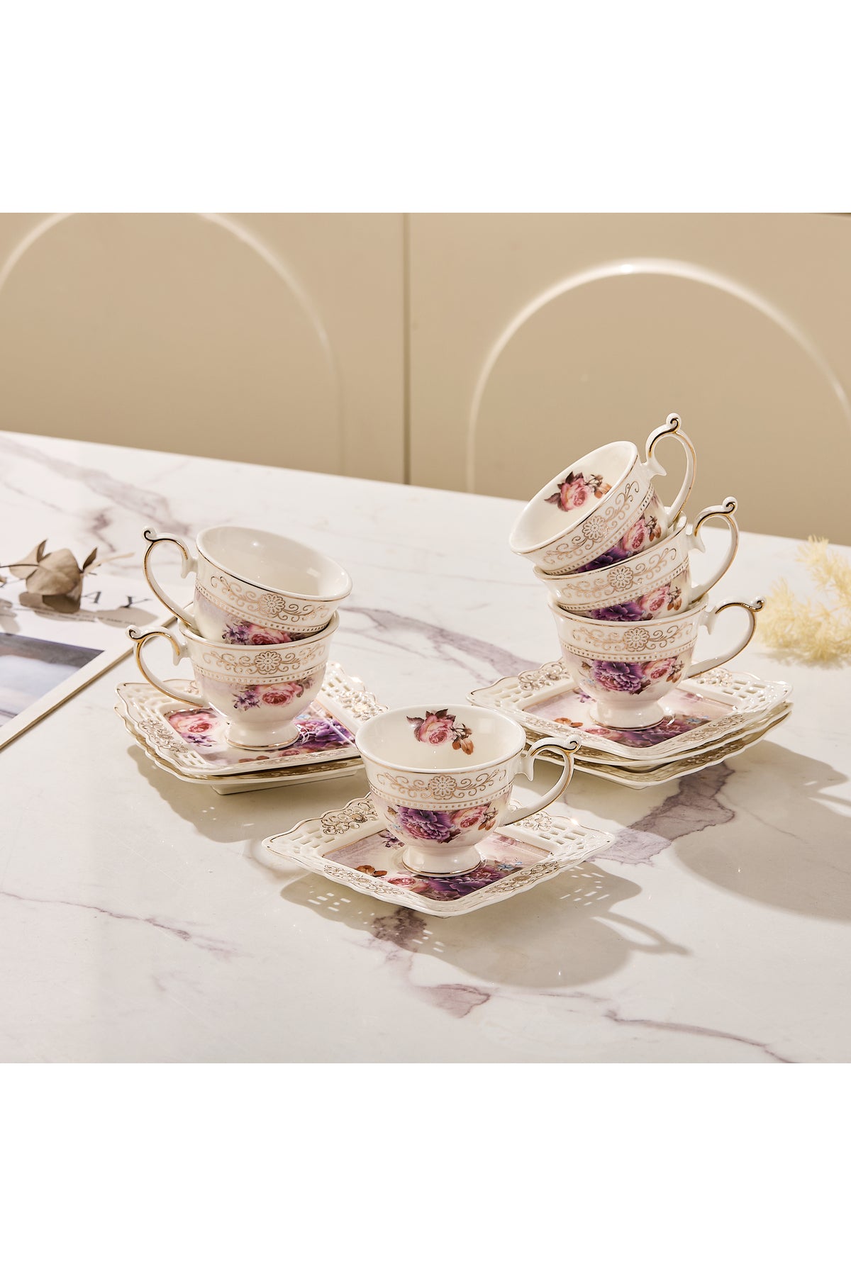 Set 6 cești espresso cu 6 farfurioare porțelan 90 ml – cești cafea model floral elegant