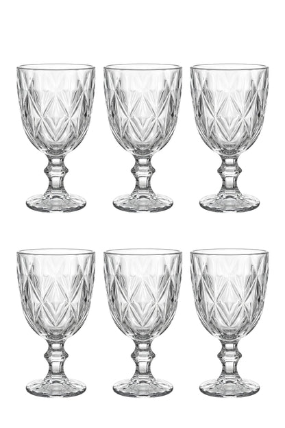 Set 6 pahare goblet sticlă Goblet, model romb gravat, 235ml, transparent