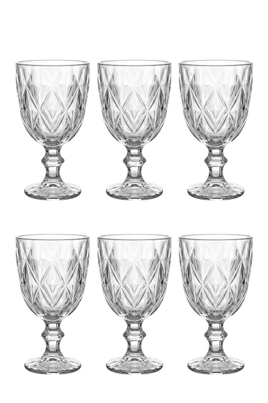 Set 6 pahare goblet sticlă Goblet, model romb gravat, 235ml, transparent