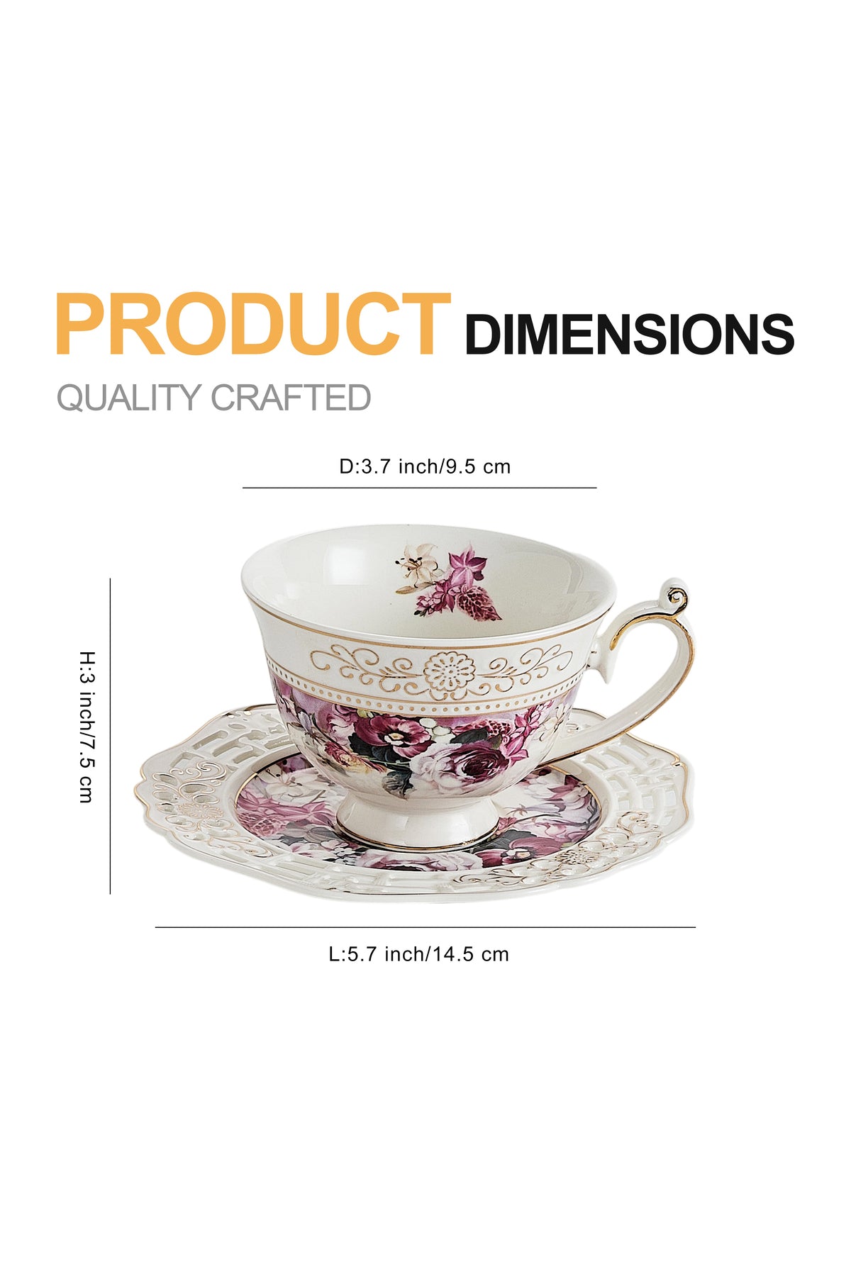 Set 2 cești cafea cu 2 farfurioare rotunde porțelan 200 ml – model floral elegant