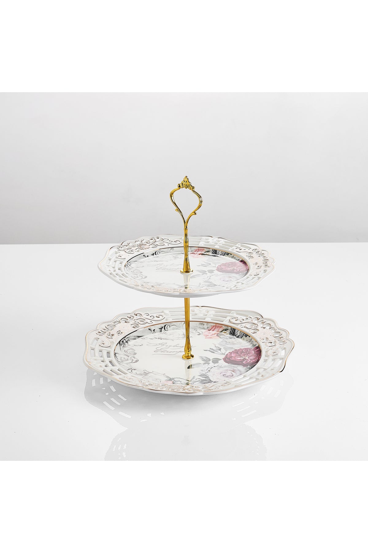 Platou etajat 2 niveluri porțelan, model floral vintage, platouri rotunde