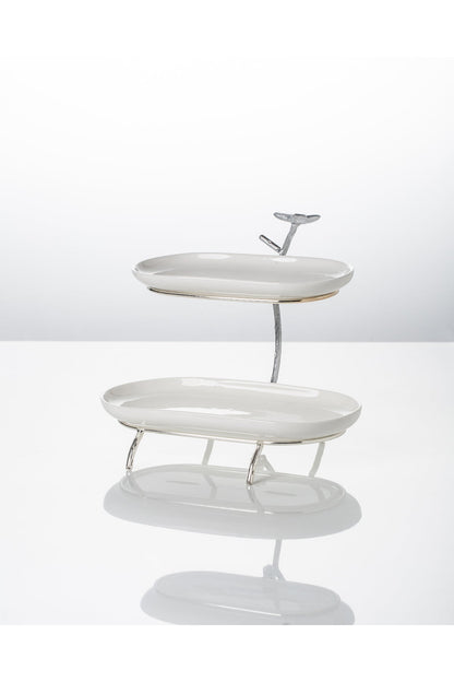 Platou etajat oval Candy Bar din Porțelan cu Suport Metalic Argintiu - 25.9 cm