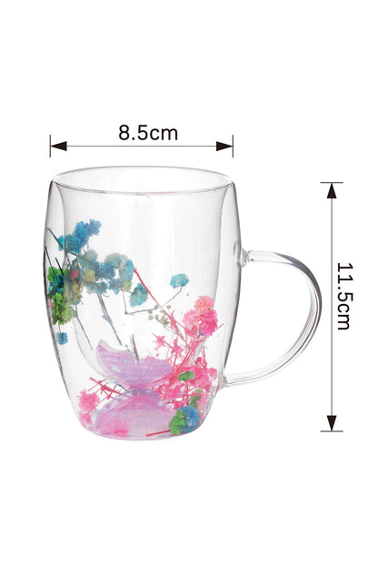 Cană din Sticlă cu Pereți Dubli "Butterfly" cu Flori Uscate și Fluture Decorativ – 350 ml