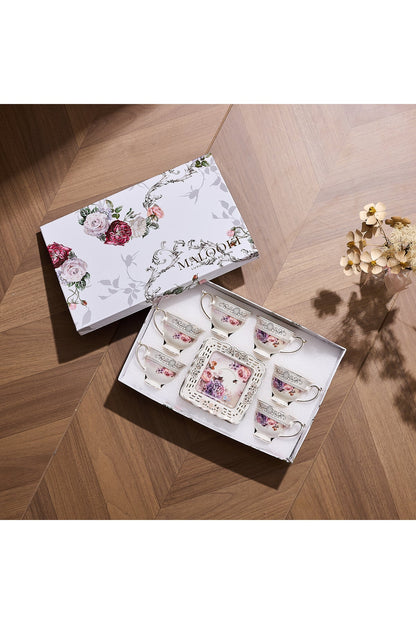 Set 6 cești espresso cu 6 farfurioare porțelan 90 ml – cești cafea model floral elegant