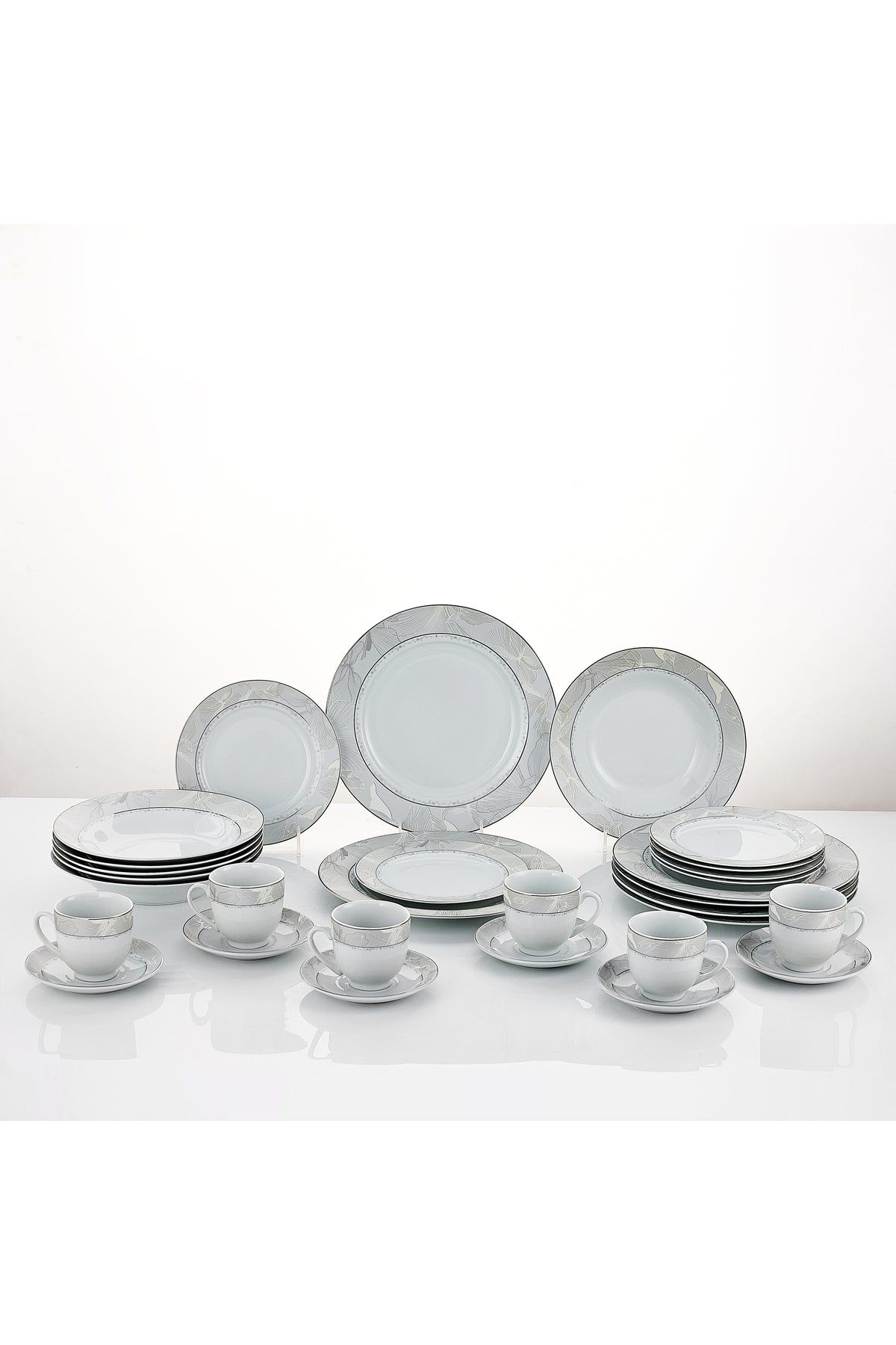 Serviciu de Masă 6 persoane Silver Leaf din Porțelan 30 piese, Design Floral cu Bordură Argintie
