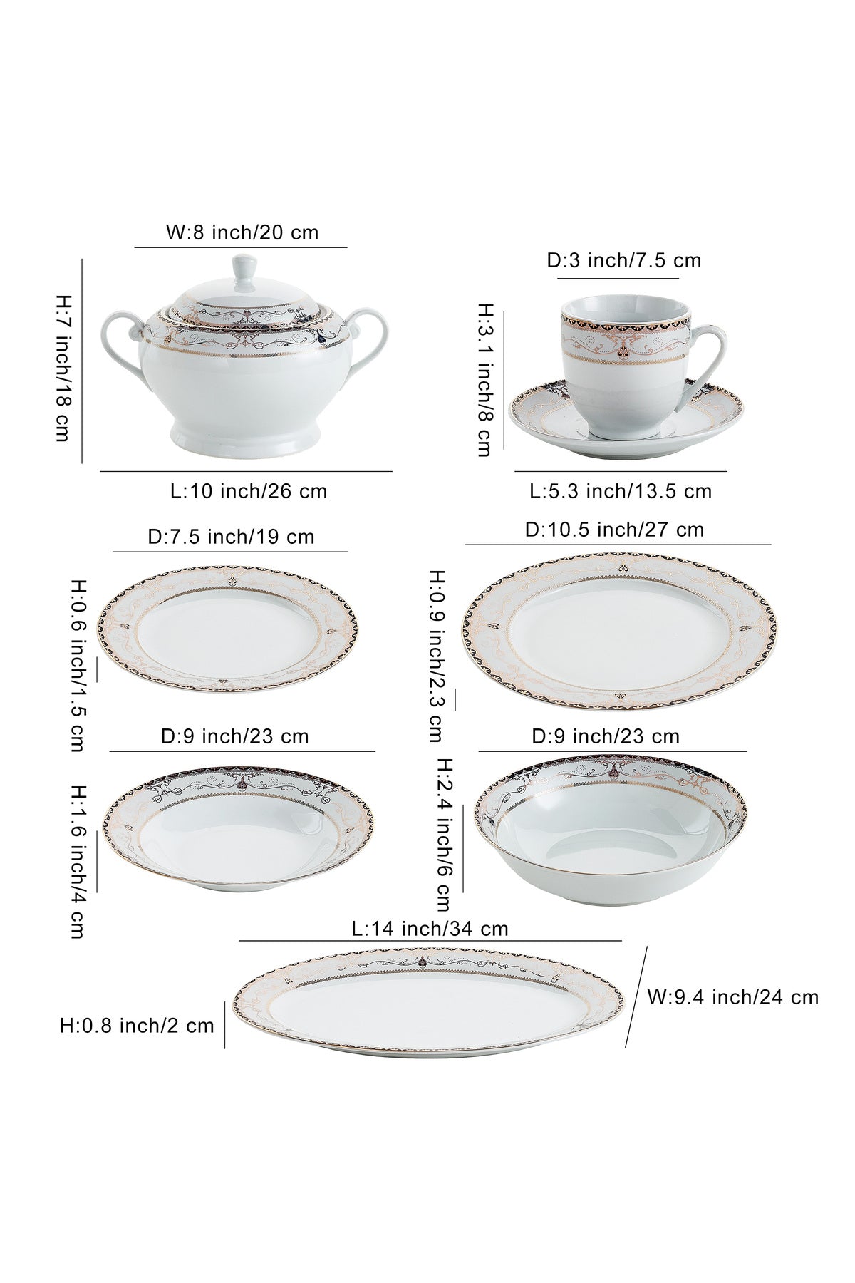 Serviciu de Masă 12 Persoane Onyx Royal Gold din Porțelan , 64 Piese, Design Baroc Negru cu Aur