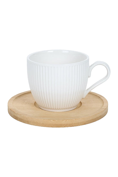 Set 6 cești cafea porțelan Groove cu farfurioare bambus, 200ml, alb