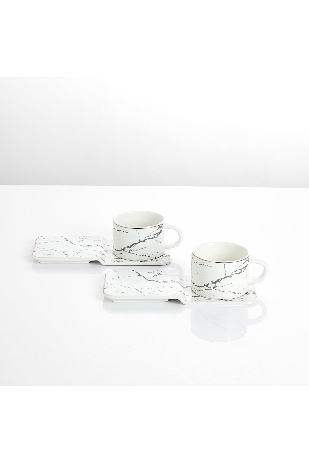 Set 2 cești espresso din porțelan cu farfurioare dreptunghiulare pentru servire, 90 ml - Alb