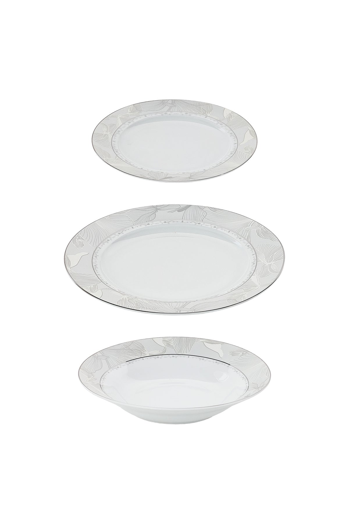 Serviciu de Masă 6 persoane Silver Leaf din Porțelan 18 Piese, Design Floral cu Bordură Argintie