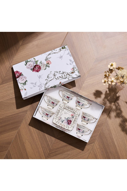 Set 6 cești espresso cu 6 farfurioare porțelan 90 ml – cești cafea model floral elegant