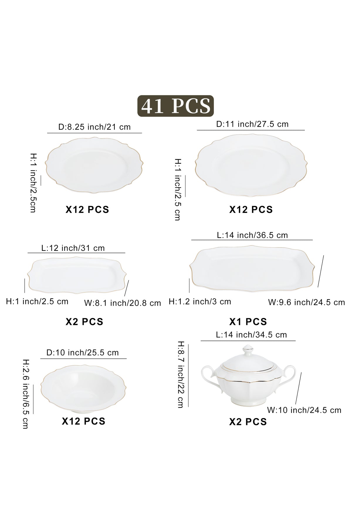 Set masă 41 piese porțelan Dubai, alb cu bordură aurie, 12 persoane