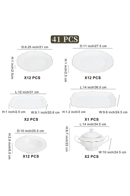 Set masă 41 piese porțelan Dubai, alb cu bordură aurie, 12 persoane