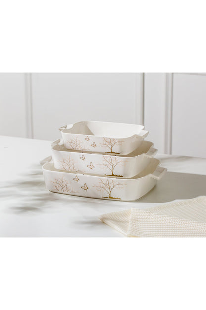 Set 3 tăvi cuptor Lifetree – porțelan alb cu copacul vieții auriu, rezistente la cuptor