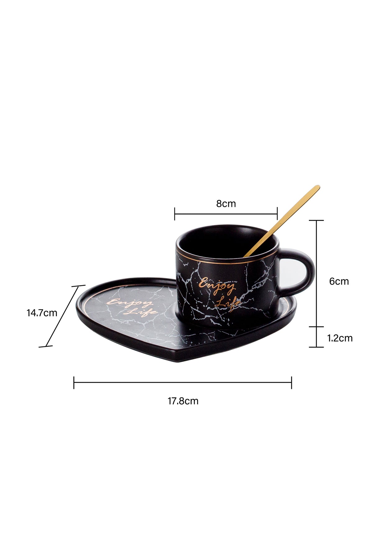 Set de 2 cești cu 2 farfurioare Inimă și 2 lingurițe, porțelan, 200 ml - Negru