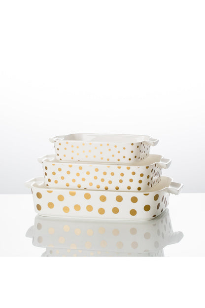 Set 3 tăvi cuptor Dotted – porțelan alb cu buline aurii, rezistente la cuptor