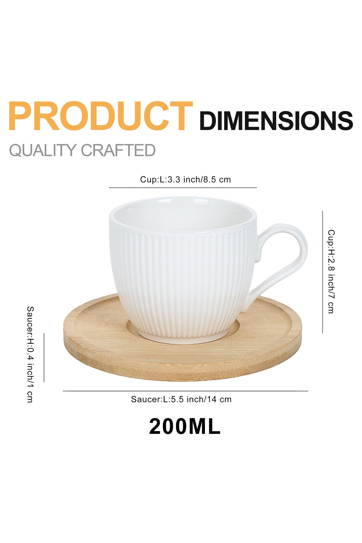 Set 6 cești cafea porțelan Groove cu farfurioare bambus, 200ml, alb