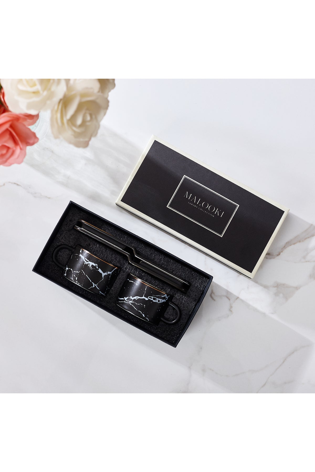 Set 2 cești espresso din porțelan cu farfurioare dreptunghiulare pentru servire, 90 ml - Negru