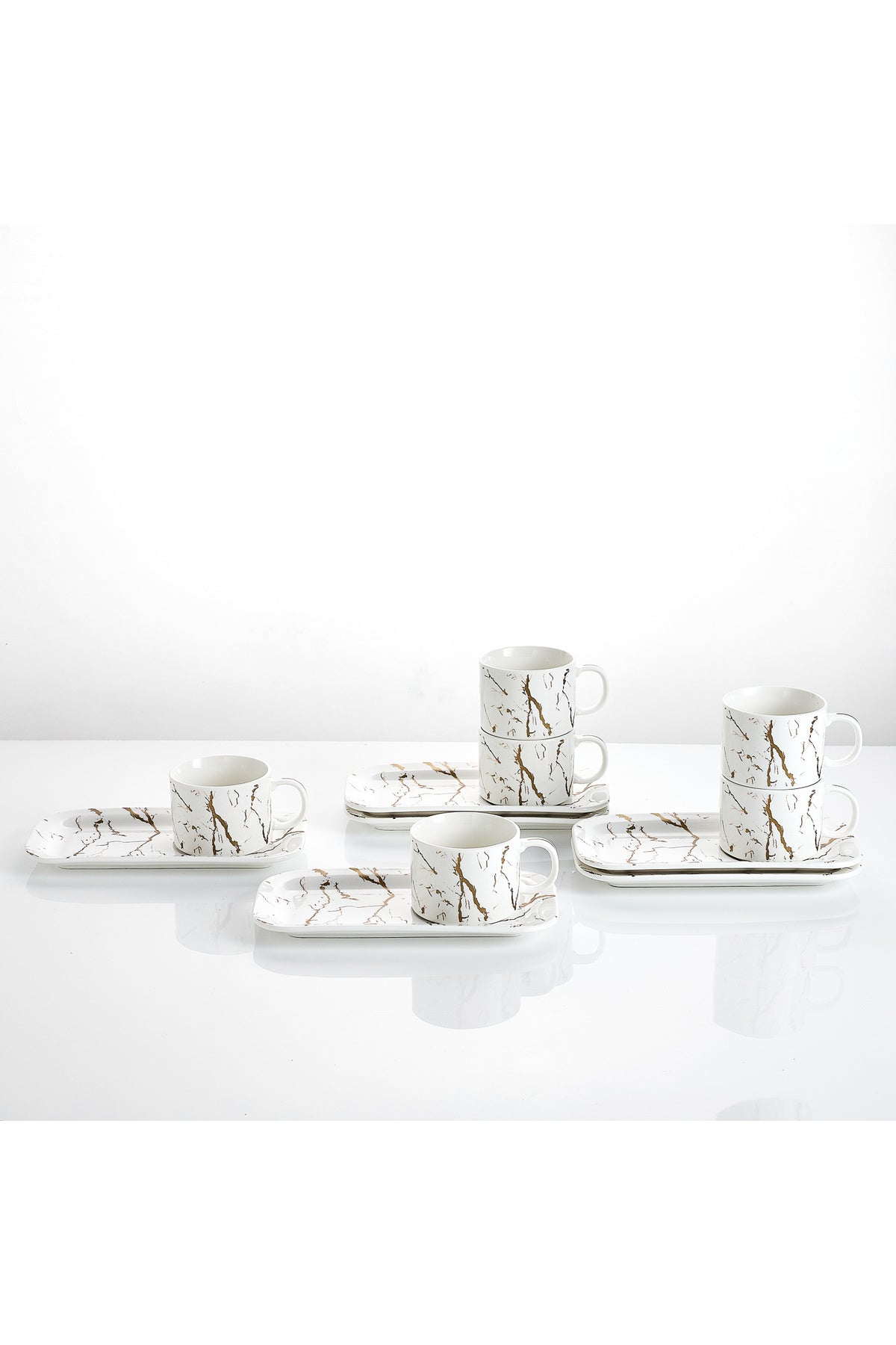 Set de 6 cești cu 6 farfurioare platou dreptunghiular, porțelan, 180 ml - Marble collection