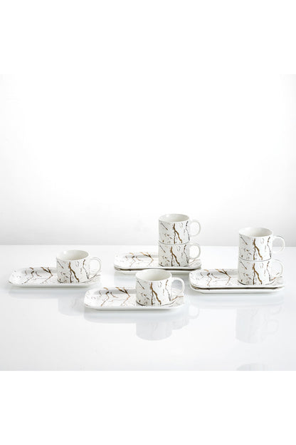 Set de 6 cești cu 6 farfurioare platou dreptunghiular, porțelan, 180 ml - Marble collection