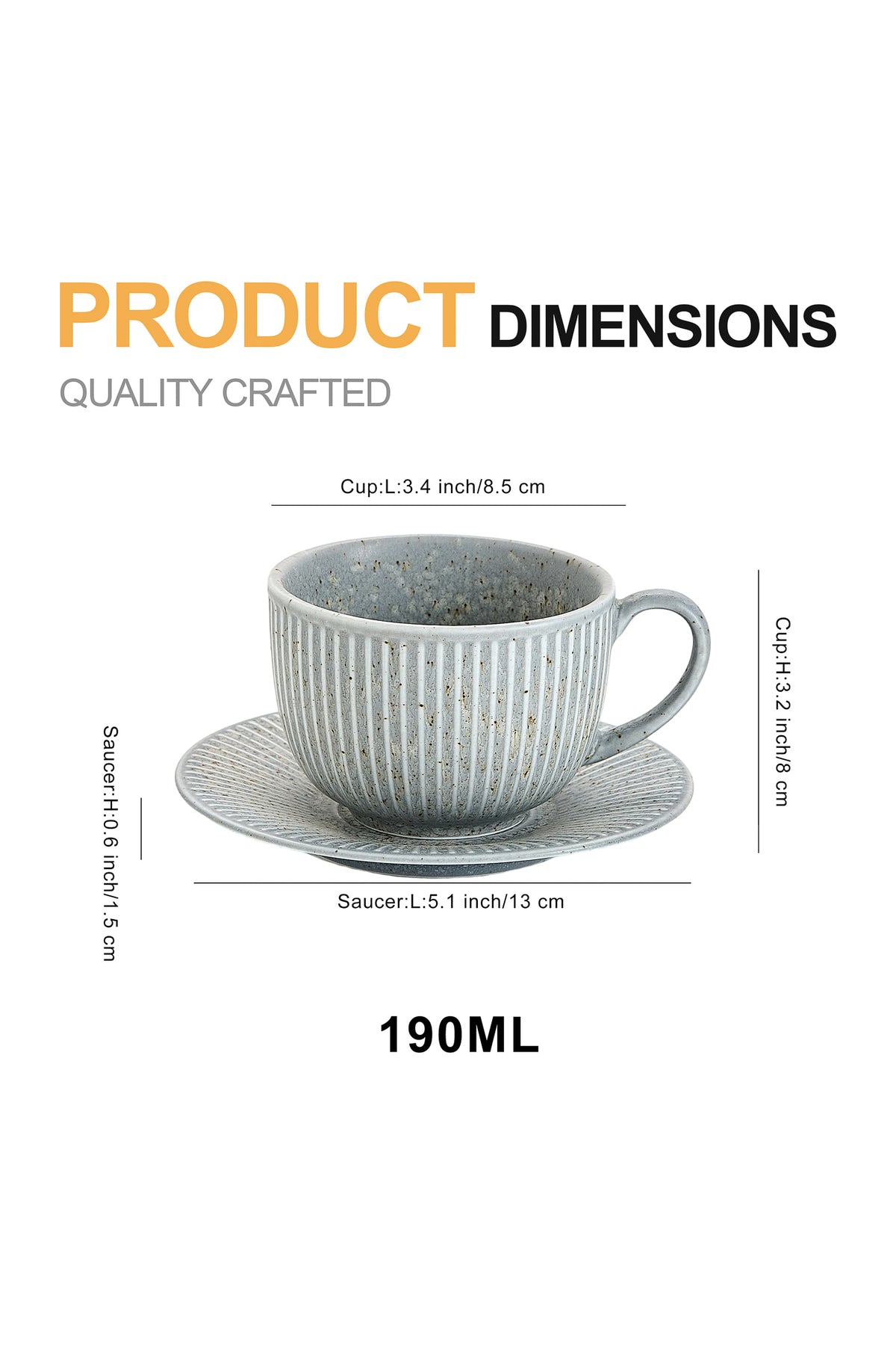 Set de 6 cești cu 6 farfurioare, portelan, 190 ml - gri piatra