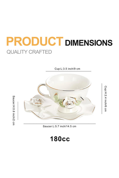 Set 2 cești de cafea din porțelan cu farfurioare, 180 ml - decor floral în relief