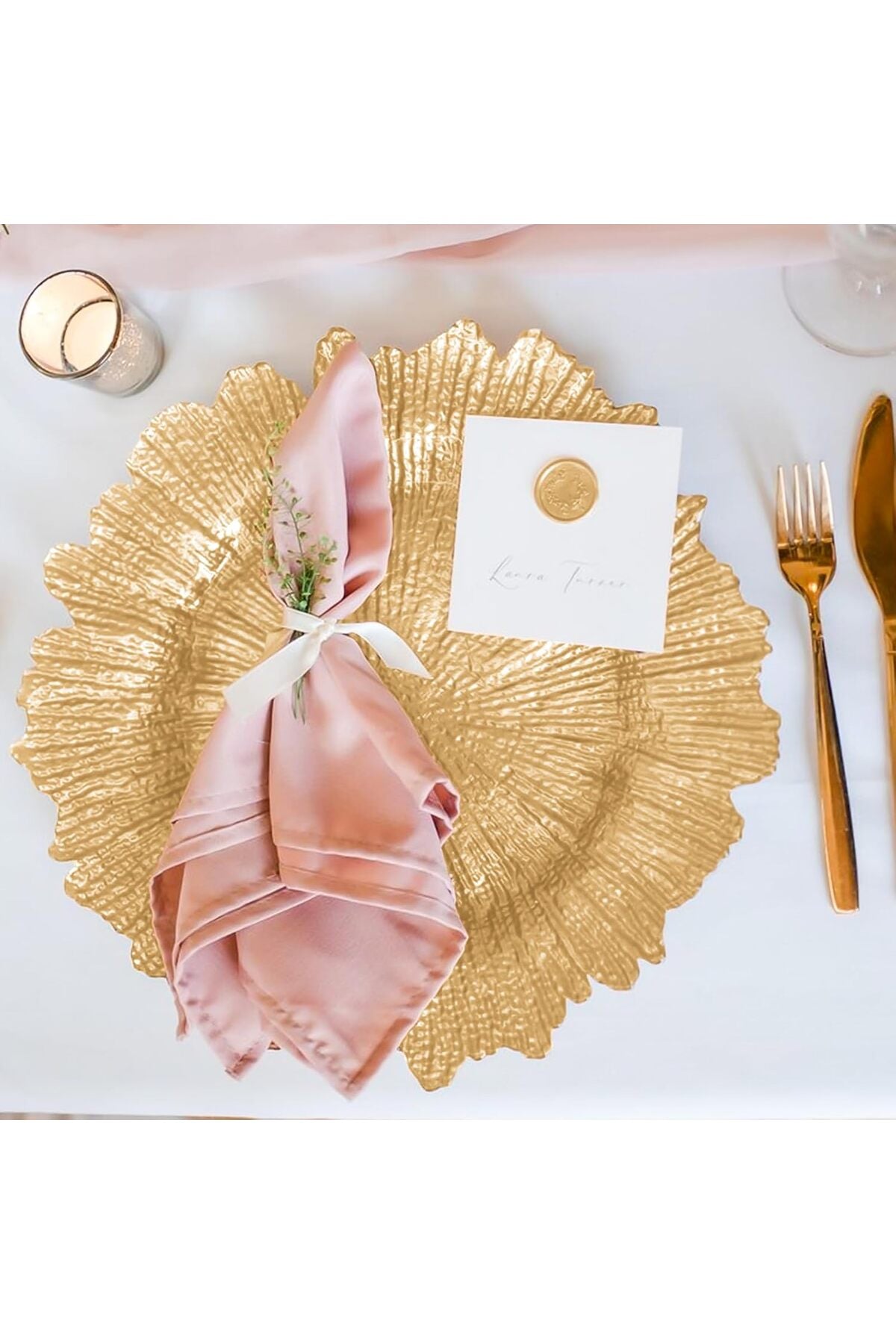 Set 6 farfurie suport decorativă sticlă, model coral auriu, Golden petal, diametru 35 cm