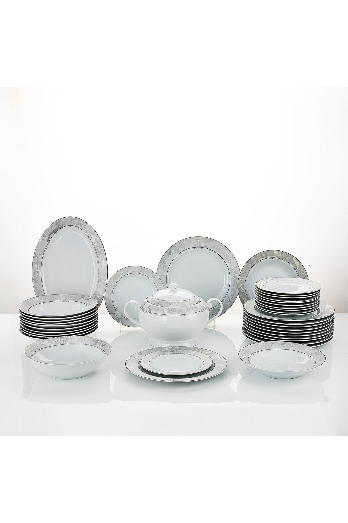 Serviciu de Masă 12 Persoane Silver Leaf din Porțelan 40 piese, Design Floral cu Bordură Argintie