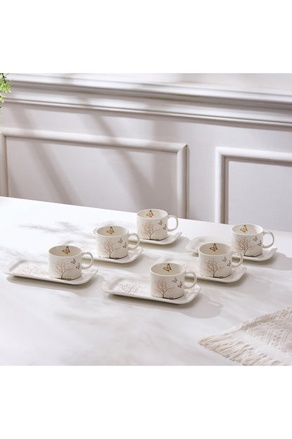 Set de 6 cești cu 6 farfurioare platou dreptunghiular, porțelan, 180 ml - Lifetree collection