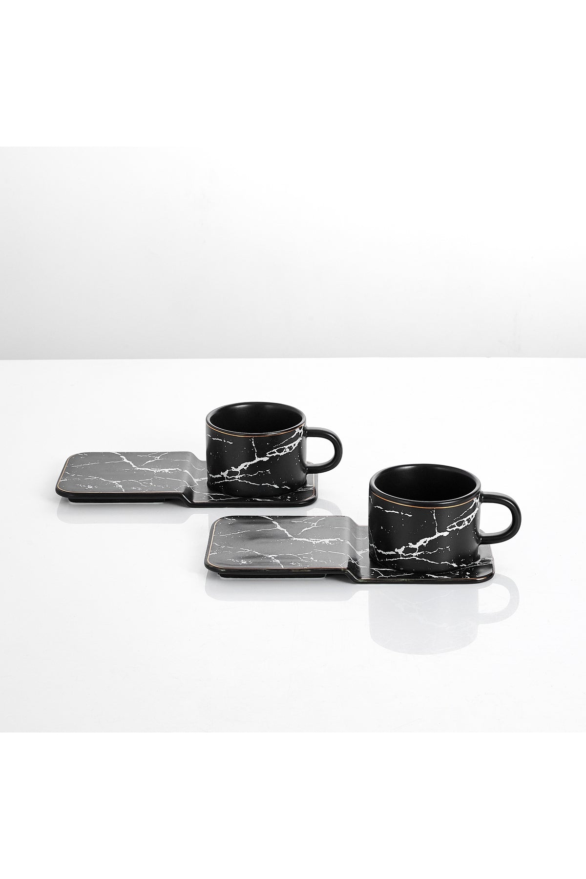 Set 2 cești espresso din porțelan cu farfurioare dreptunghiulare pentru servire, 90 ml - Negru