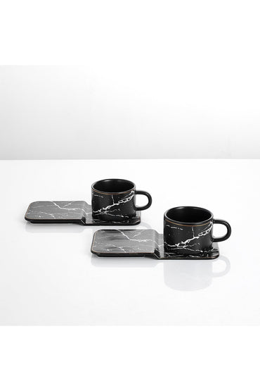 Set 2 cești espresso din porțelan cu farfurioare dreptunghiulare pentru servire, 90 ml - Negru