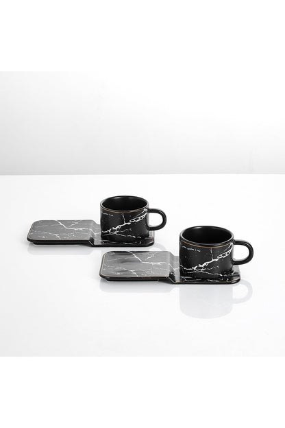Set 2 cești espresso din porțelan cu farfurioare dreptunghiulare pentru servire, 90 ml - Negru
