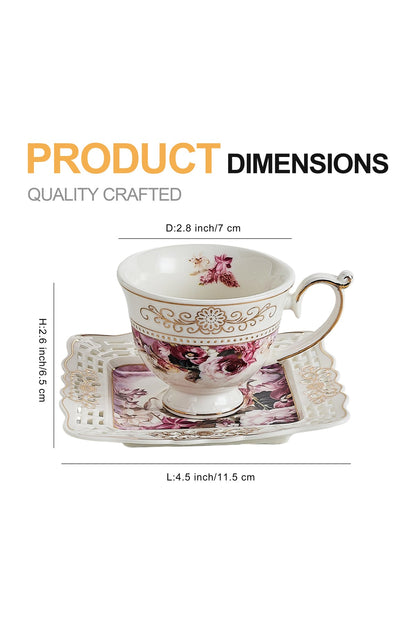Set 6 cești espresso cu 6 farfurioare porțelan 90 ml – cești cafea model floral elegant