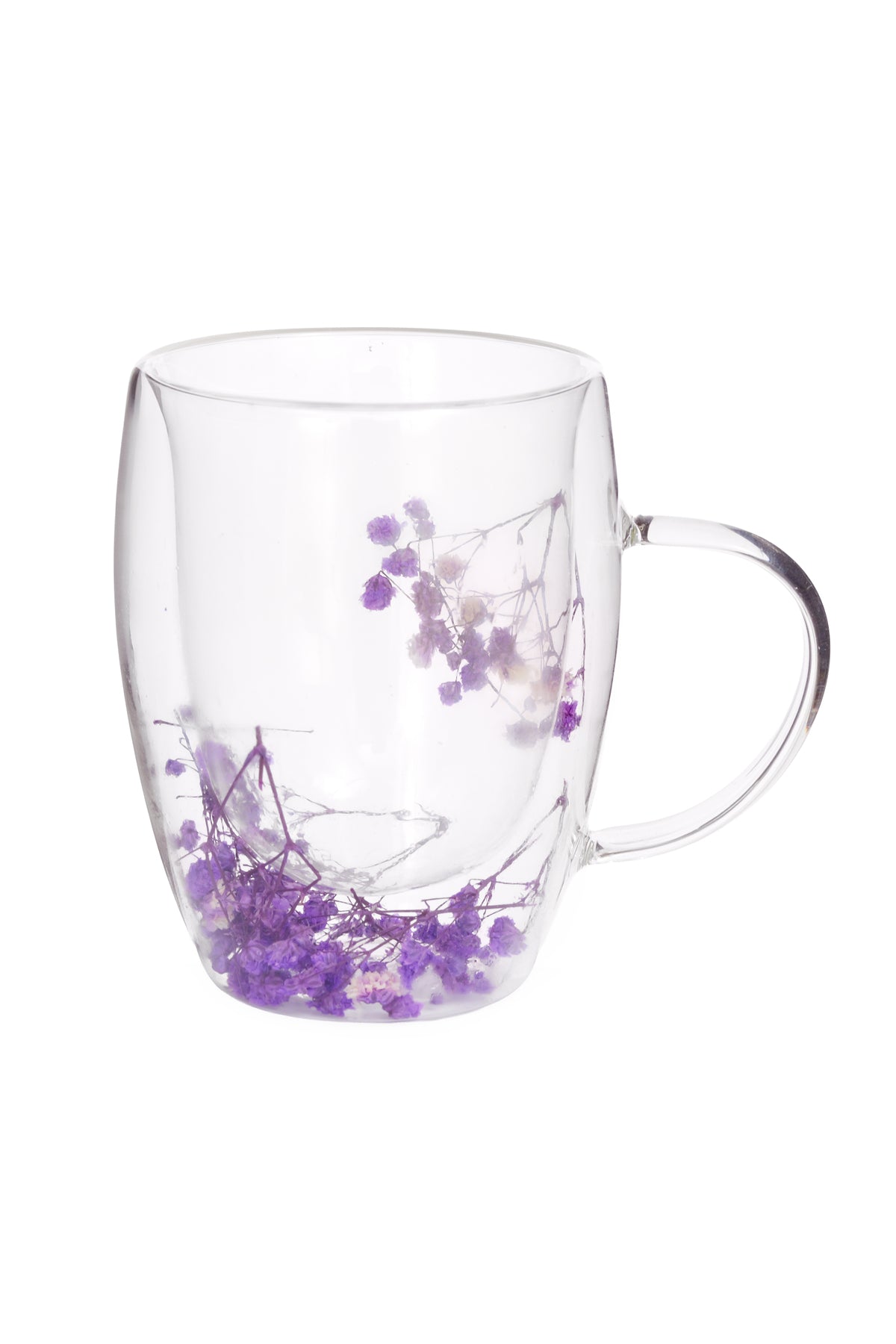 Cană din Sticlă cu Pereți Dubli "Zeina" cu Flori Uscate Mov Naturale – 350 ml