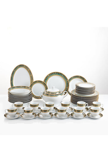 Serviciu de Masă 12 Persoane Emerald Royal Gold din Porțelan , 64 Piese, Design Baroc Verde cu Aur