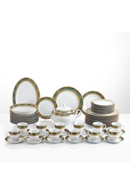 Serviciu de Masă 12 Persoane Emerald Royal Gold din Porțelan , 64 Piese, Design Baroc Verde cu Aur